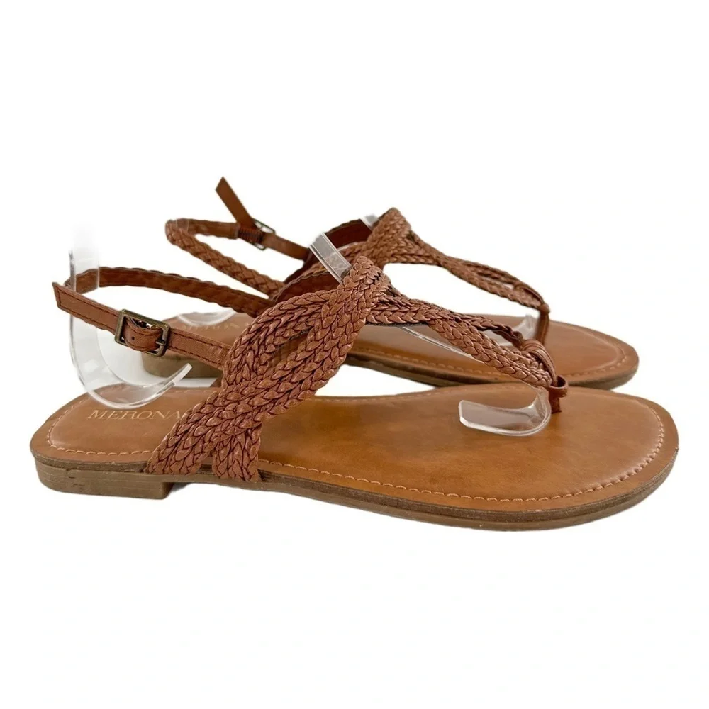 Merona sandals size 7 tan faux leather braided  T-strap vegan boho festival